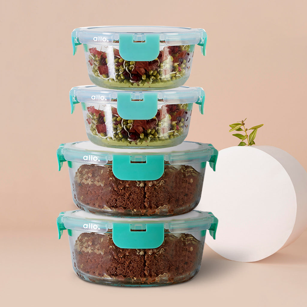 Allo Food Safe Glass Containers with Lids with Break Free Lock,Microwave Safe Containers, Borosilicate Meal Prep Glass Food Storage Containers for Kitchen, Set of 4 390ml, 930ml, Round.