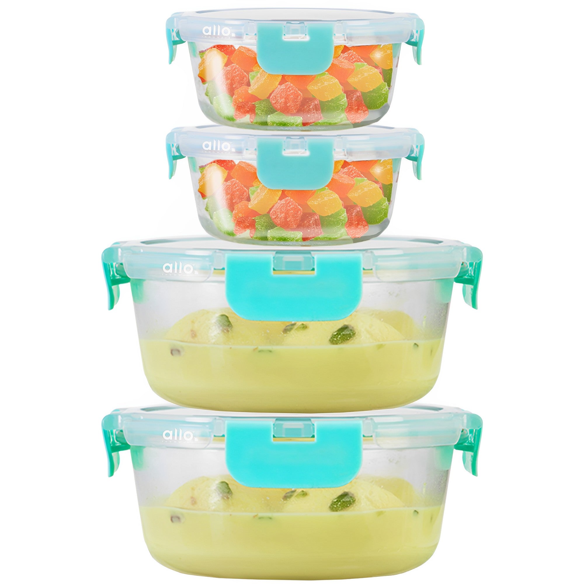 Allo Food Safe Glass Containers with Lids,Microwave Safe Containers, High Borosilicate Meal Prep Glass Food Storage Containers for Kitchen, Set of 4, 215ml x 2, 635ml x 2, Round.