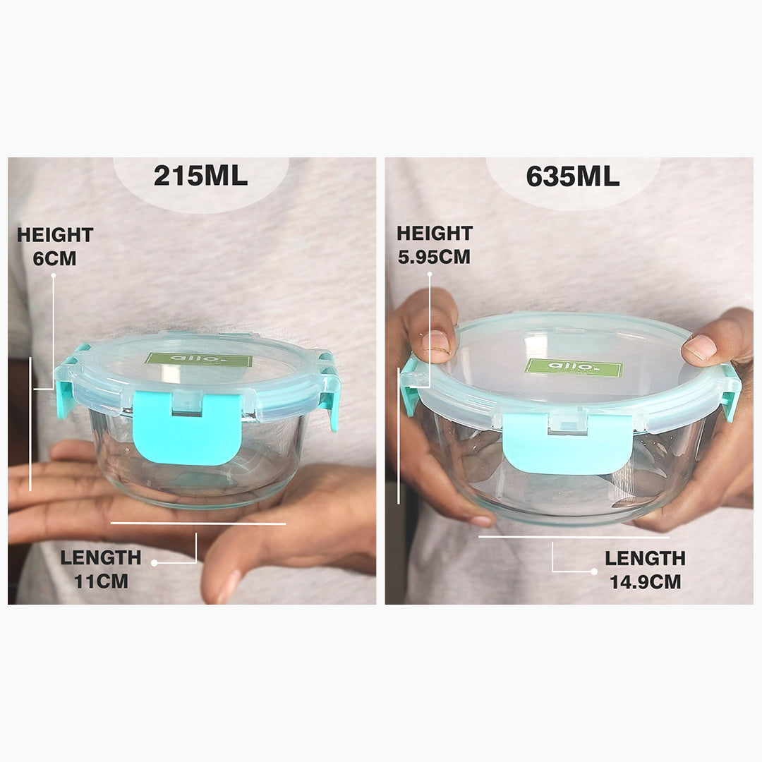 Allo Food Safe Glass Containers with Lids,Microwave Safe Containers, High Borosilicate Meal Prep Glass Food Storage Containers for Kitchen, Set of 4, 215ml x 2, 635ml x 2, Round.