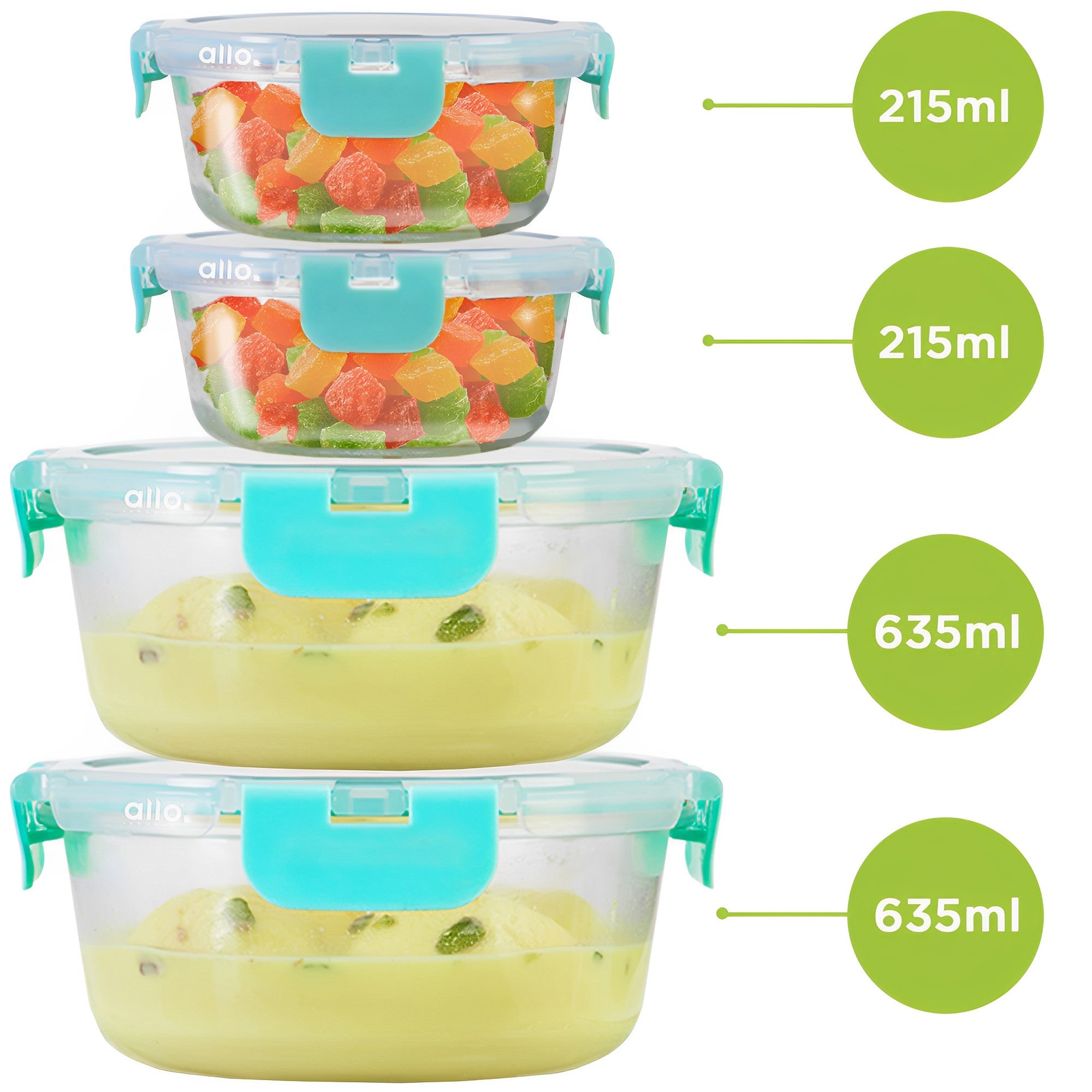 Allo Food Safe Glass Containers with Lids,Microwave Safe Containers, High Borosilicate Meal Prep Glass Food Storage Containers for Kitchen, Set of 4, 215ml x 2, 635ml x 2, Round.