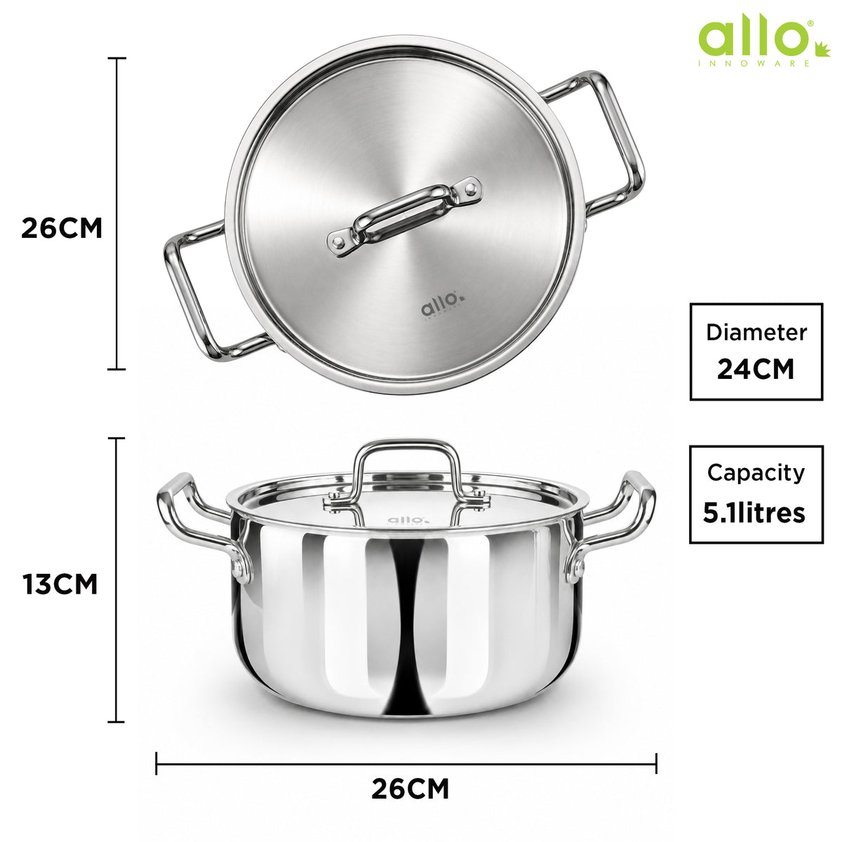 Allo CookSafe TriPly Stainless Steel Casserole Saucepot Stockpot with Stainless Steel Lid Induction Friendly, Naturally Non Stick, 24cm, 5.1 litre