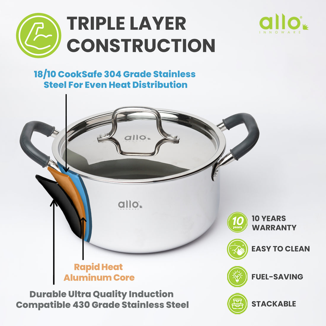 Allo CookSafe TriPly Stainless Steel Casserole Saucepot Stockpot with Stainless Steel Lid Induction Friendly, Naturally Non Stick, 28cm, 8.3 Litre