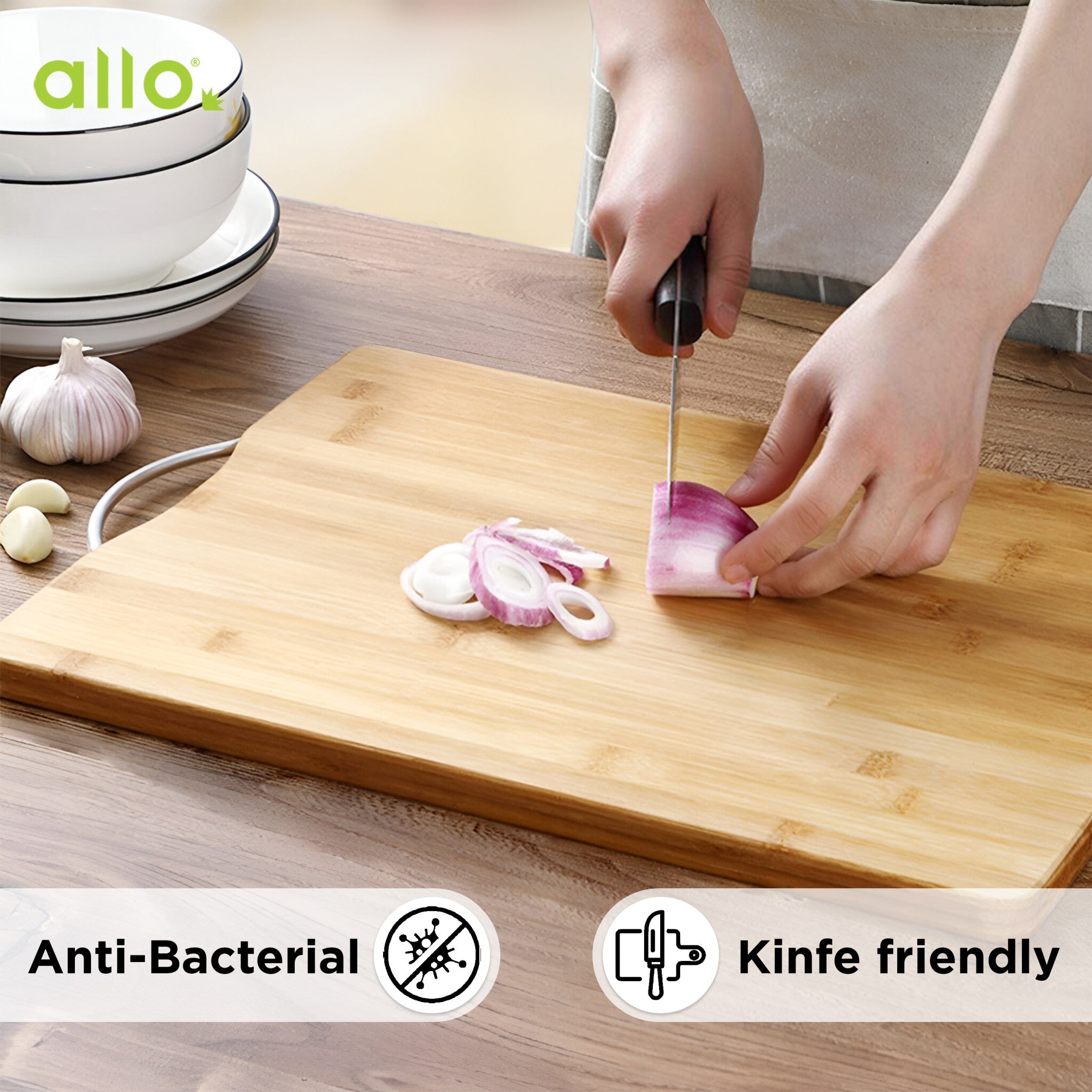 Allo Premium Bamboo Chopping Board for Kitchen (32 x 22 cm) | BPA Free, EcoFriendly, Antimicrobial, Knife Friendly | Cutting Board for Vegetables, Fruits, Cheese & More | Perfect for Indian Kitchen