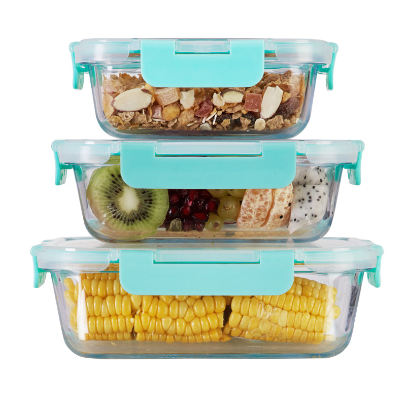 Allo FoodSafe Glass Containers with Lids with Break Free Lock, 450°C Oven Microwave Safe Containers, High Borosilicate Meal Prep Glass Food Storage Containers for Kitchen, Set of 3, 370ml, 520ml & 1040ml,Rectangle & Square