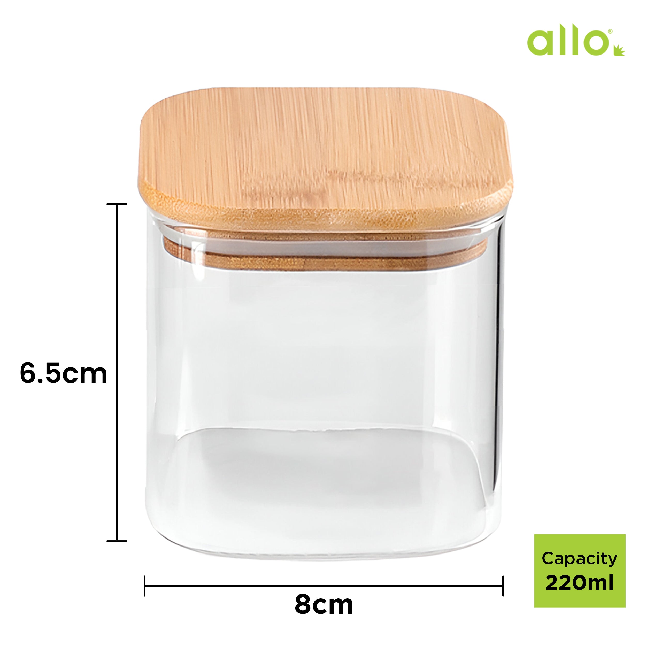 Allo 220ML Kitchen Storage Box Glass Jars With Wooden Lids - Borosilicate Glass Food Storage Containers Airtight Glass Jar For Tea, Coffee, Spice, Pulses, Masala (Square Glass Jar - Set of 6)