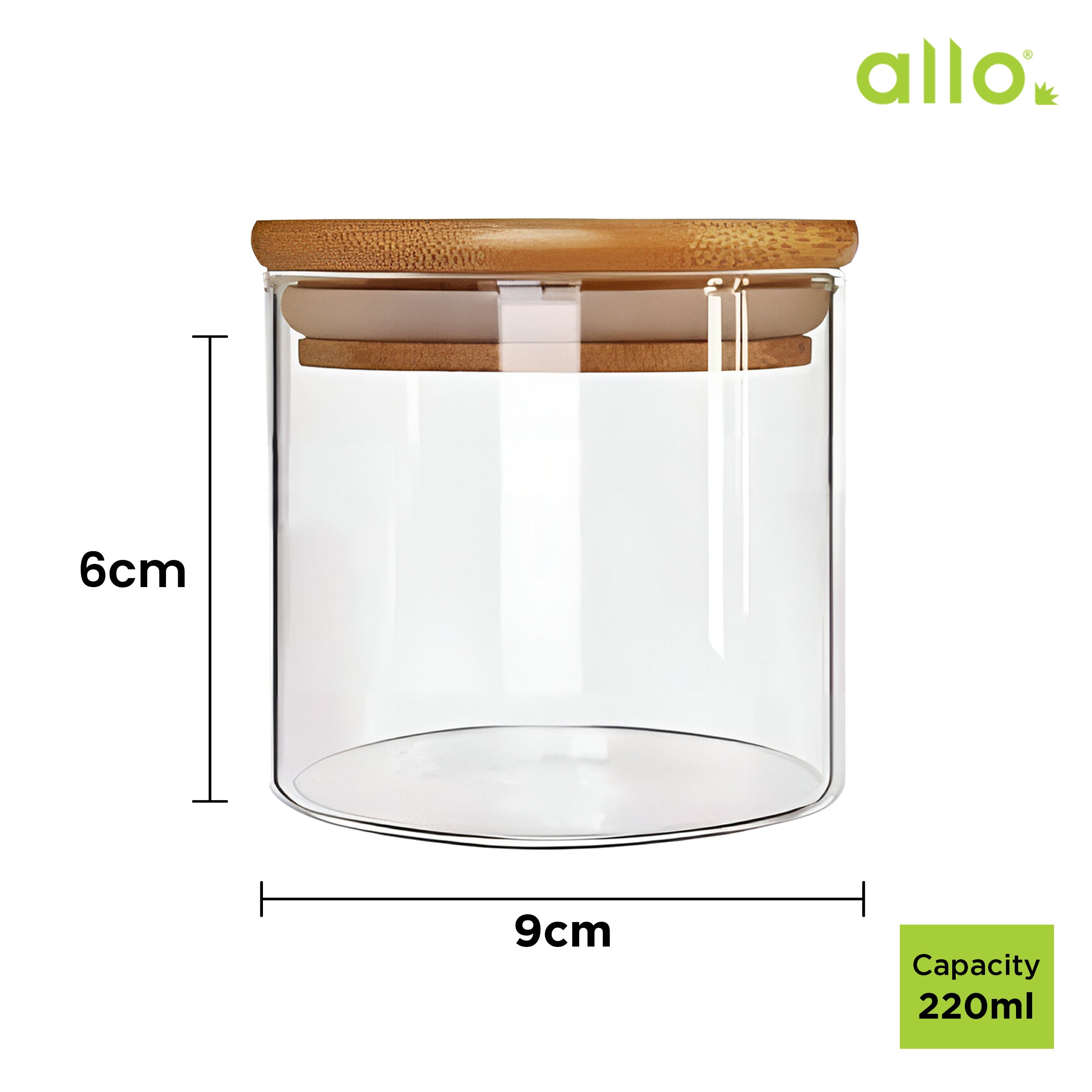 Allo 220ML Kitchen Storage Box Glass Jars With Wooden Lids - Borosilicate Glass Food Storage Containers Airtight Glass Jar For Tea, Coffee, Spice, Pulses, Masala (Round Glass Jar - Set of 3)