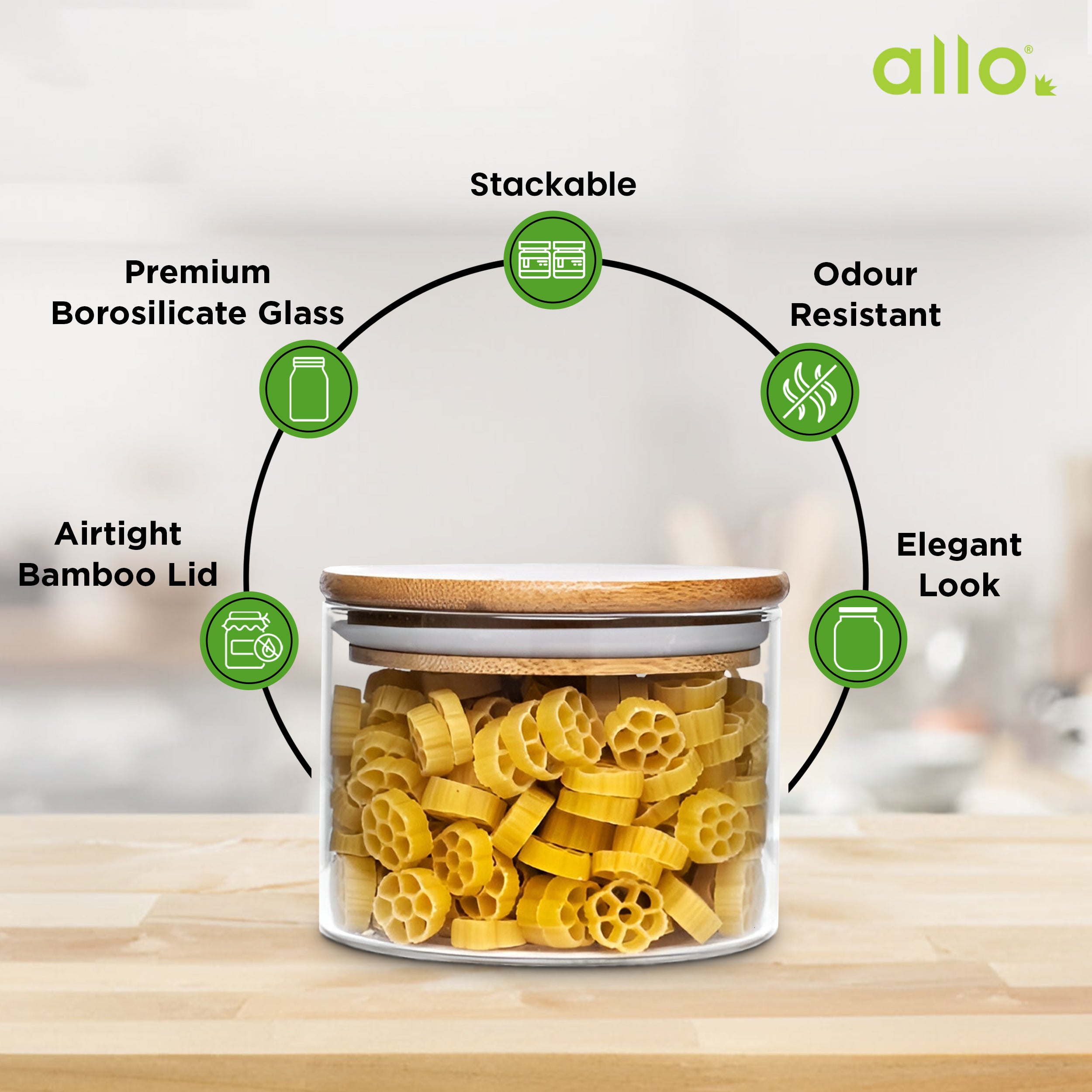 Allo 220ML Kitchen Storage Box Glass Jars With Wooden Lids - Borosilicate Glass Food Storage Containers Airtight Glass Jar For Tea, Coffee, Spice, Pulses, Masala (Round Glass Jar - Set of 3)