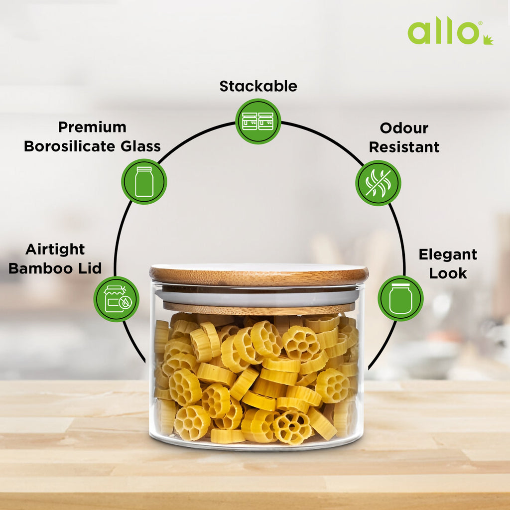 Allo 220ML Kitchen Storage Box Glass Jars With Wooden Lids - Borosilic ...