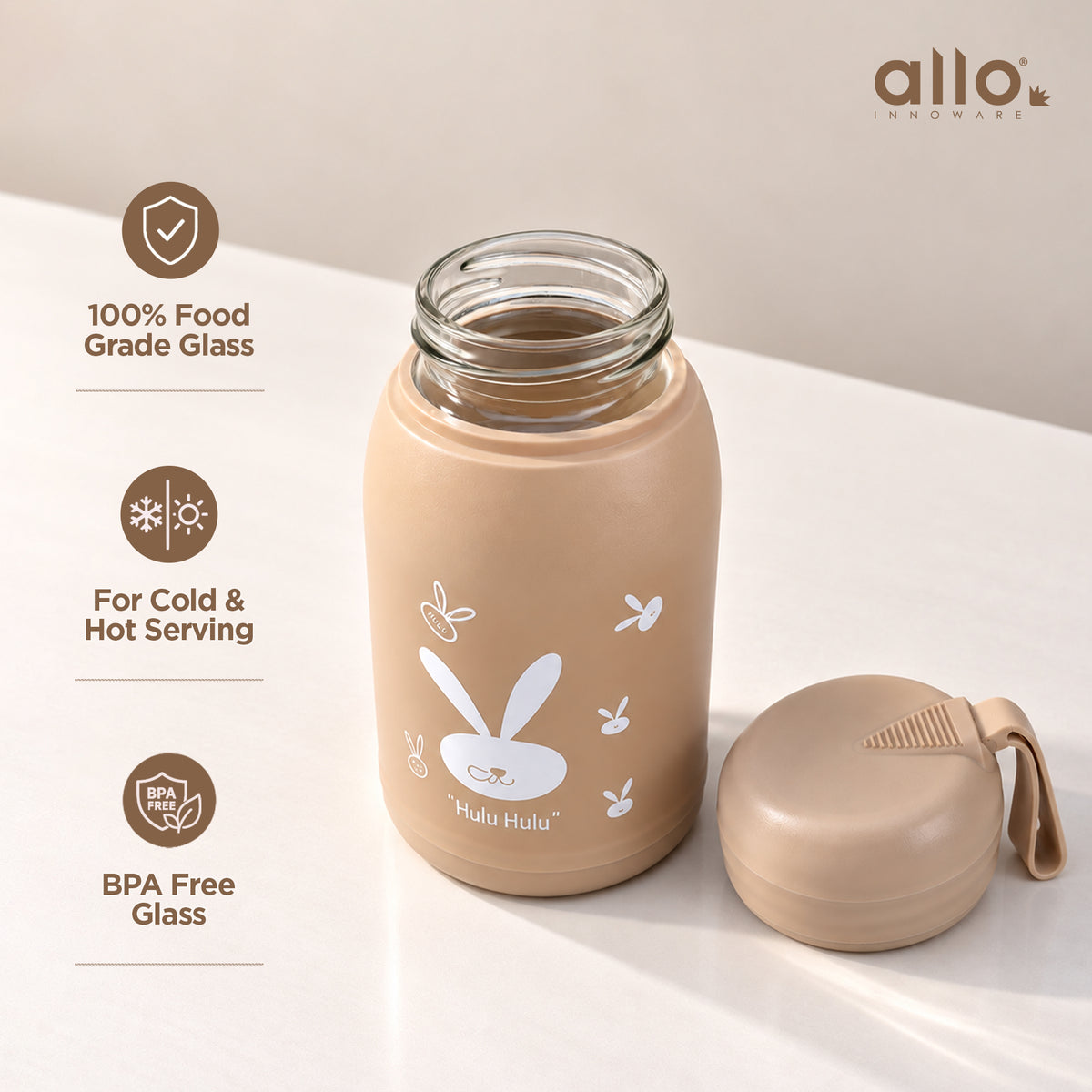 Allo DrinkSafe Glass Bottle For Women & Men | For Drinking Detox Water, Juice, Milk, Soda | Leakproof Secure Lid | For Fridge, Storage, Home | Any 1 Bottle