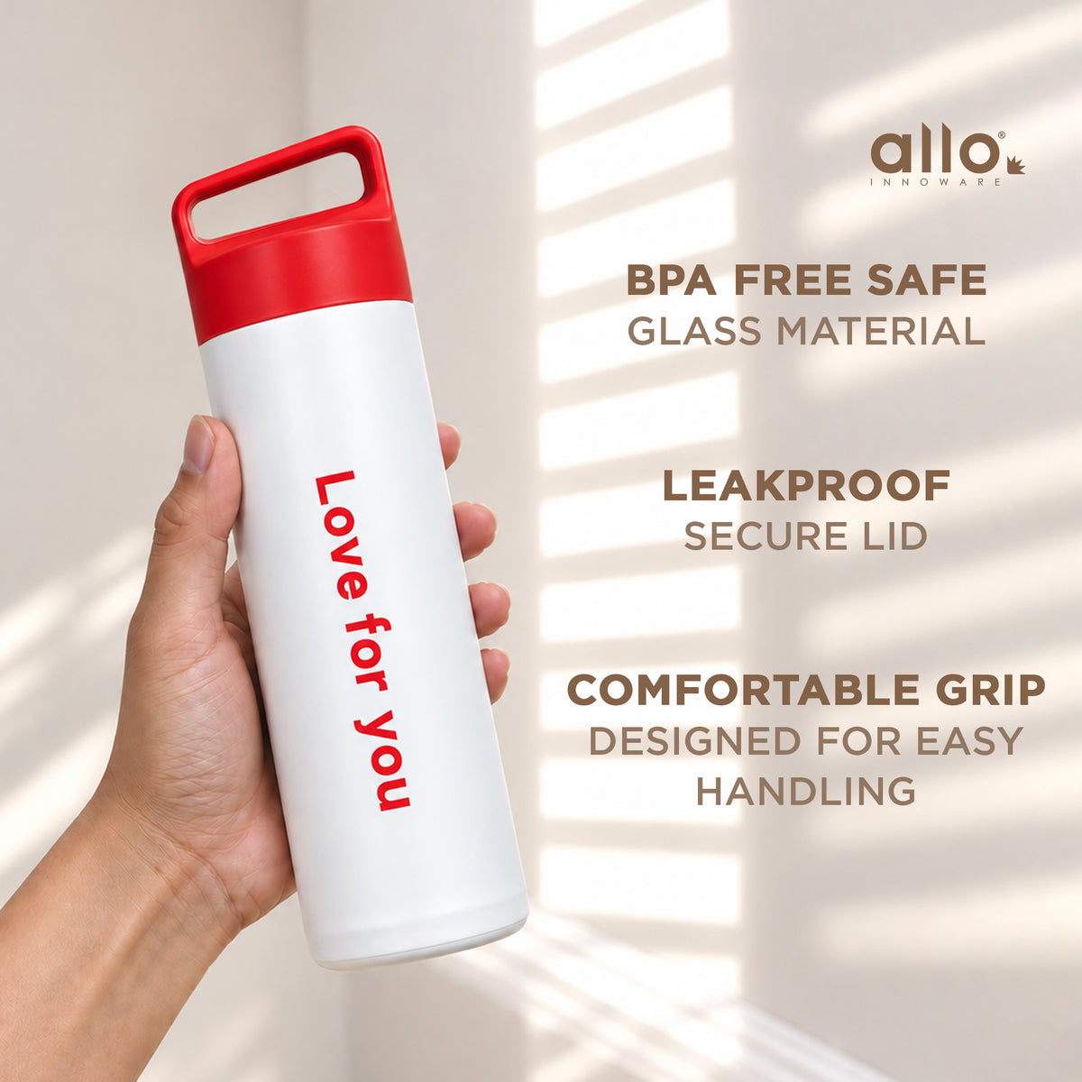 Allo DrinkSafe Glass Bottle For Women & Men | For Drinking Detox Water, Juice, Milk, Soda | Leakproof Secure Lid | For Fridge, Storage, Home | Any 1 Bottle