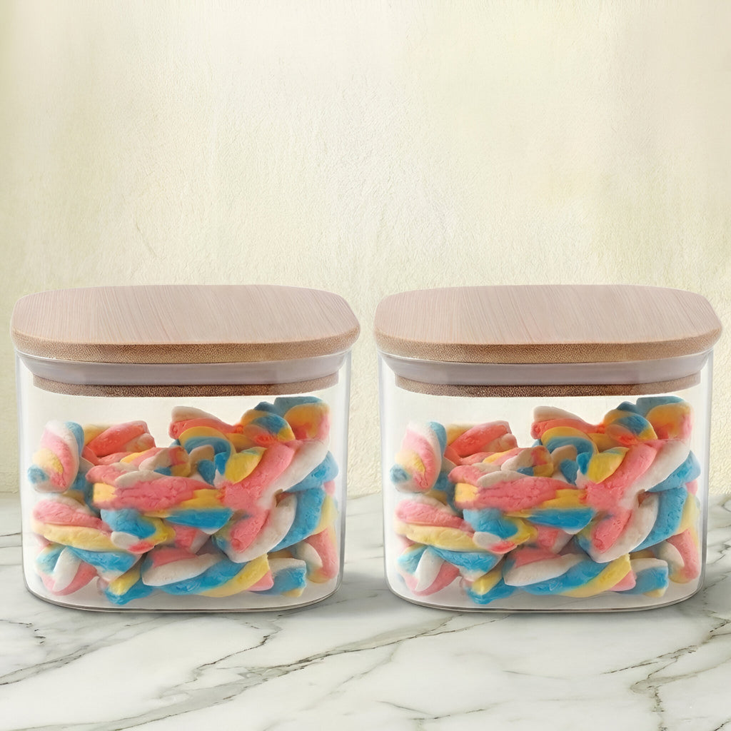 Allo 220ML Kitchen Storage Box Glass Jars With Wooden Lids - Borosilicate Glass Food Storage Containers Airtight Glass Jar For Tea, Coffee, Spice, Pulses, Masala (Square Glass Jar - Set of 2)