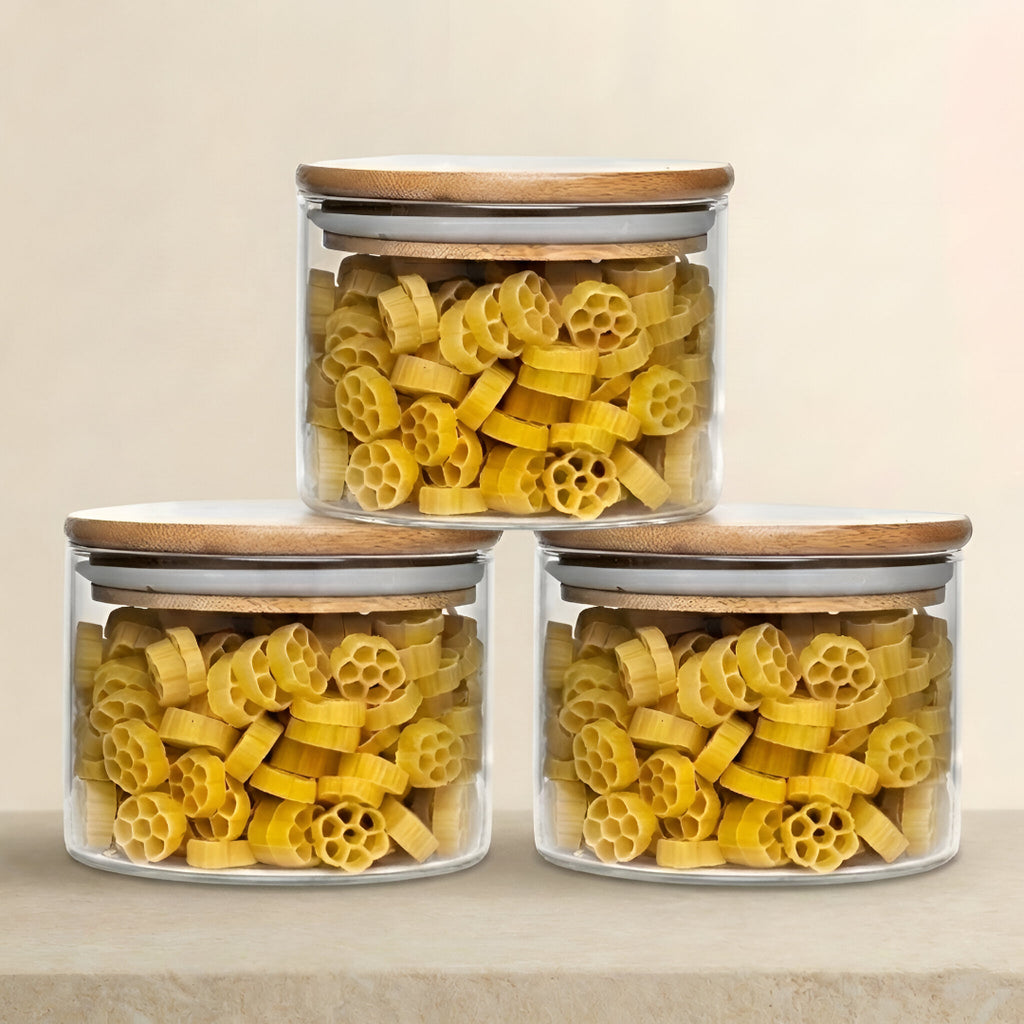 Allo 220ML Kitchen Storage Box Glass Jars With Wooden Lids - Borosilicate Glass Food Storage Containers Airtight Glass Jar For Tea, Coffee, Spice, Pulses, Masala (Round Glass Jar - Set of 3)