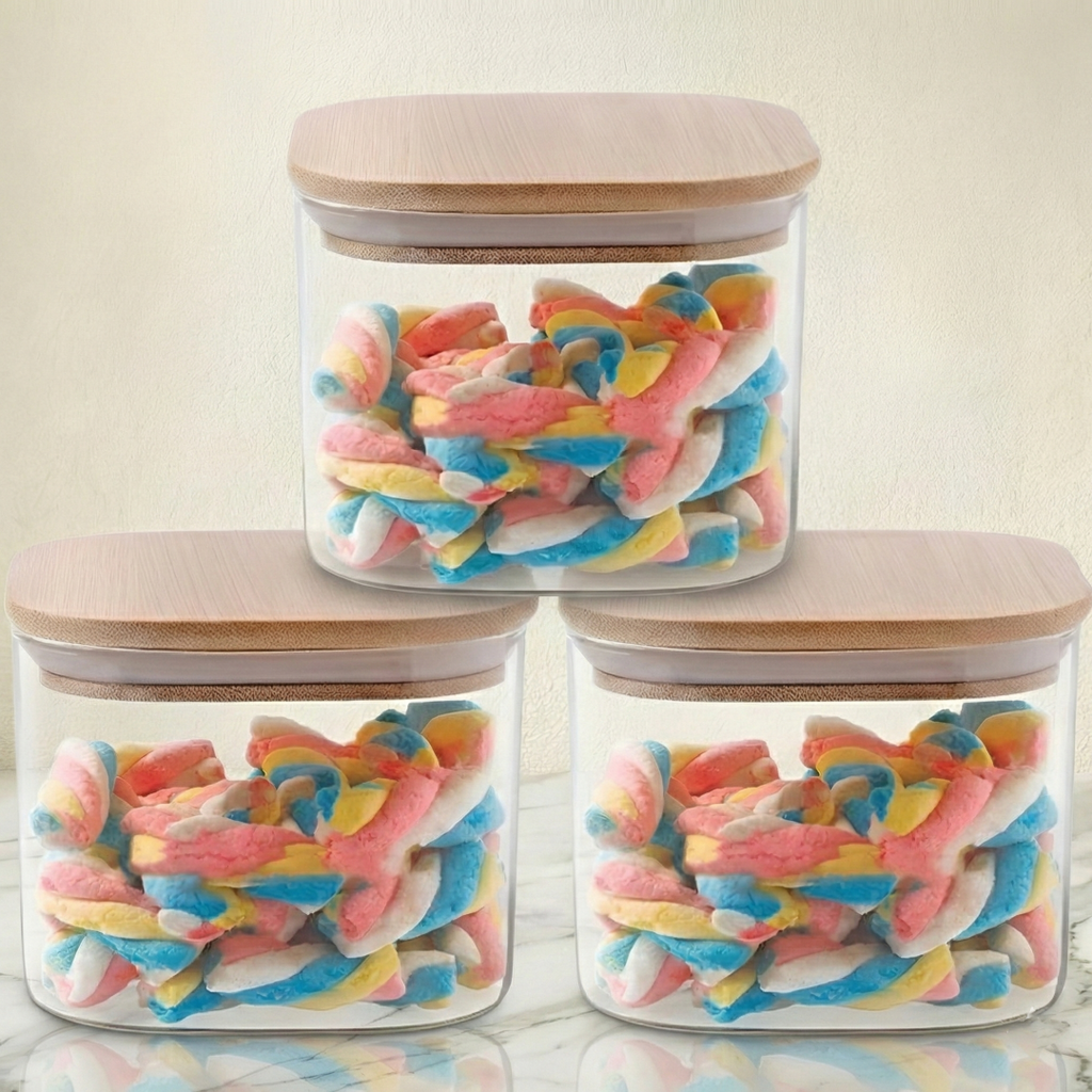 Allo 220ML Kitchen Storage Box Glass Jars With Wooden Lids - Borosilicate Glass Food Storage Containers Airtight Glass Jar For Tea, Coffee, Spice, Pulses, Masala (Square Glass Jar - Set of 3)