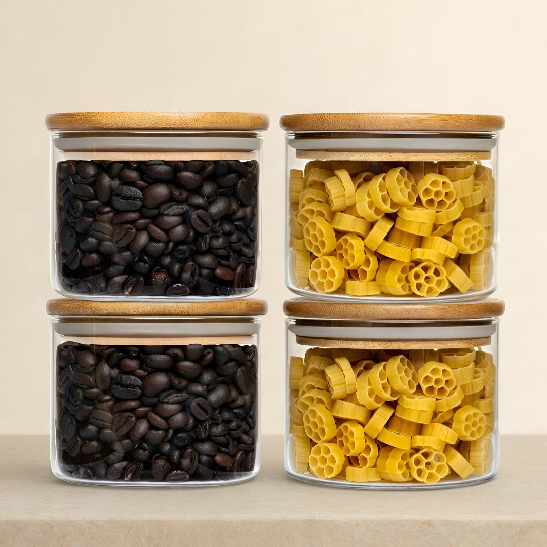 Allo 220ML Kitchen Storage Box Glass Jars With Wooden Lids - Borosilicate Glass Food Storage Containers Airtight Glass Jar For Tea, Coffee, Spice, Pulses, Masala (Round Glass Jar - Set of 4)