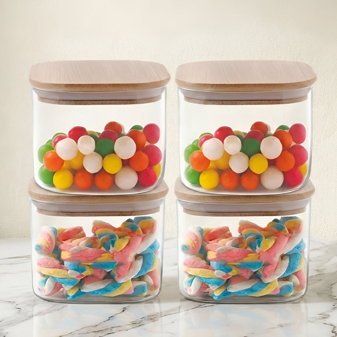Allo 220ML Kitchen Storage Box Glass Jars With Wooden Lids - Borosilicate Glass Food Storage Containers Airtight Glass Jar For Tea, Coffee, Spice, Pulses, Masala (Square Glass Jar - Set of 4)