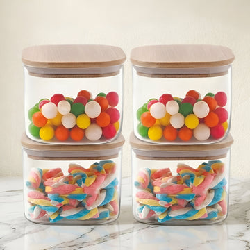 Allo 220ML Kitchen Storage Box Glass Jars With Wooden Lids - Borosilicate Glass Food Storage Containers Airtight Glass Jar For Tea, Coffee, Spice, Pulses, Masala (Square Glass Jar - Set of 4)