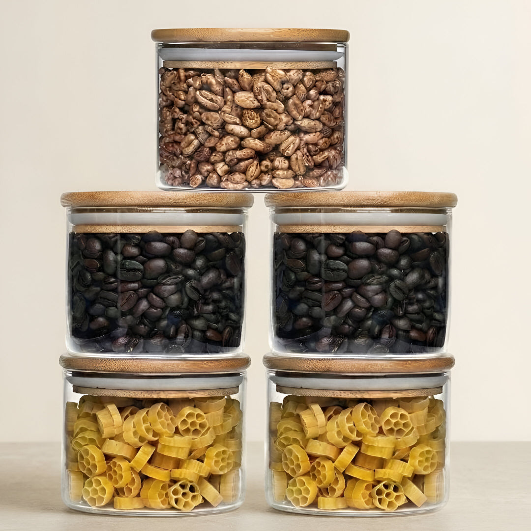 Allo 220ML Kitchen Storage Box Glass Jars With Wooden Lids - Borosilicate Glass Food Storage Containers Airtight Glass Jar For Tea, Coffee, Spice, Pulses, Masala (Round Glass Jar - Set of 5)