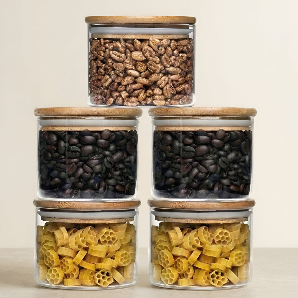 Allo 220ML Kitchen Storage Box Glass Jars With Wooden Lids - Borosilicate Glass Food Storage Containers Airtight Glass Jar For Tea, Coffee, Spice, Pulses, Masala (Round Glass Jar - Set of 5)
