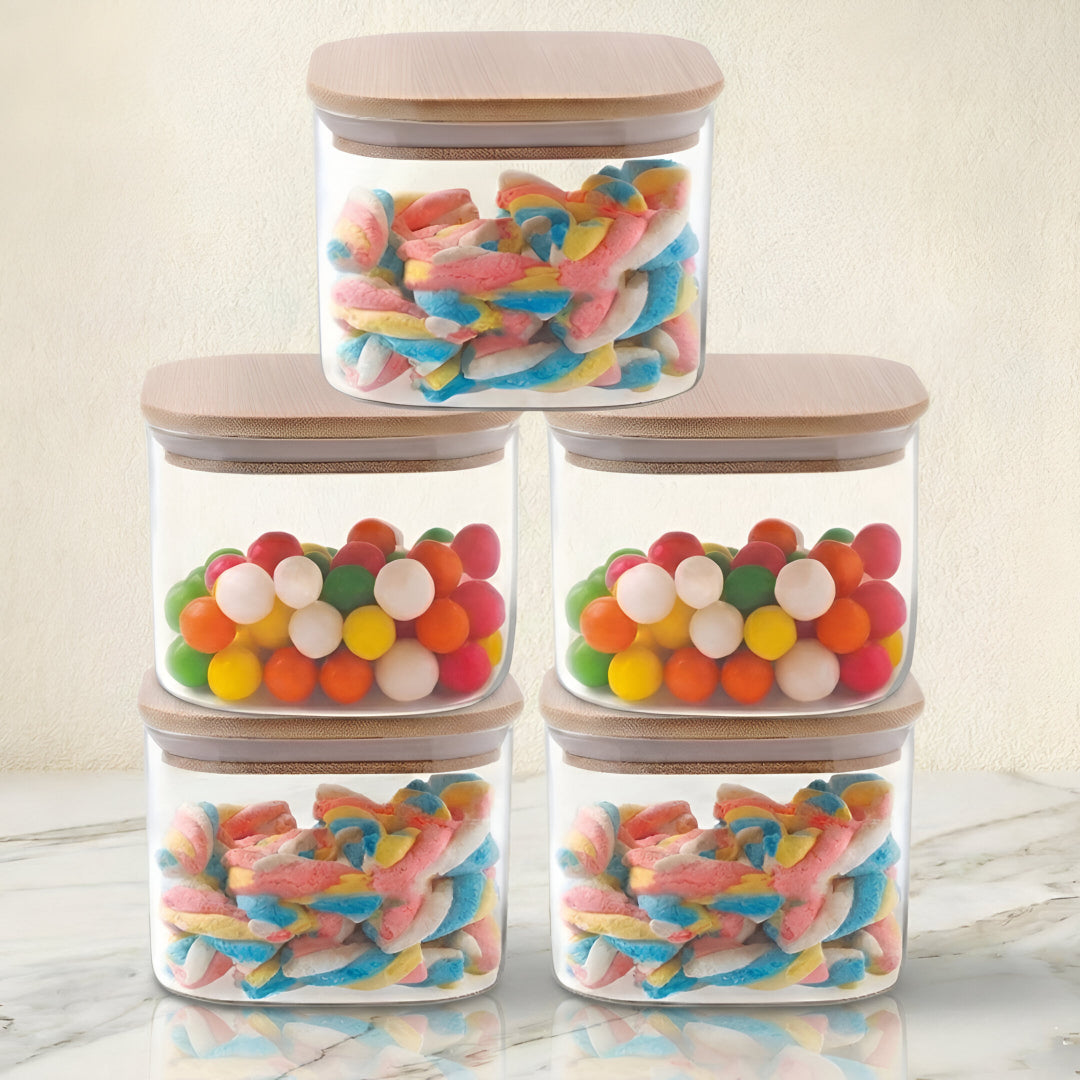 Allo 220ML Kitchen Storage Box Glass Jars With Wooden Lids - Borosilicate Glass Food Storage Containers Airtight Glass Jar For Tea, Coffee, Spice, Pulses, Masala (Square Glass Jar - Set of 5)