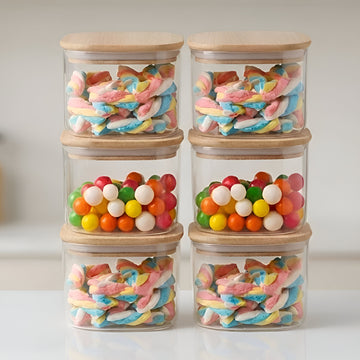 Allo 220ML Kitchen Storage Box Glass Jars With Wooden Lids - Borosilicate Glass Food Storage Containers Airtight Glass Jar For Tea, Coffee, Spice, Pulses, Masala (Square Glass Jar - Set of 6)