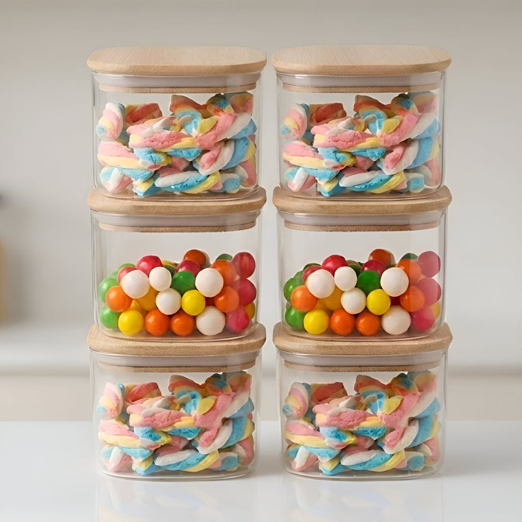 Allo 220ML Kitchen Storage Box Glass Jars With Wooden Lids - Borosilicate Glass Food Storage Containers Airtight Glass Jar For Tea, Coffee, Spice, Pulses, Masala (Square Glass Jar - Set of 6)