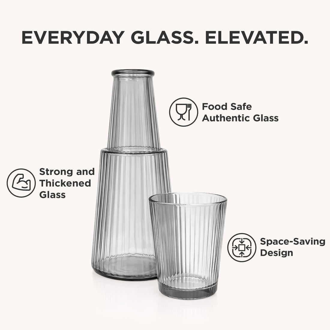 Allo Drinksafe Glass Water Jug With Lid 850ml, Multipurpose Detox Pitcher Jar For Hot & Cold Beverages, Milk, Juice, Iced Tea, Ideal For Gifting, Serving, Dining Table (0.85 Litre Charcoal Stripped)