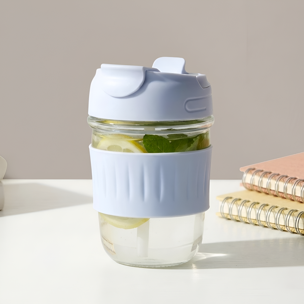 Allo Reusable Glass Mug Sipper Tumbler with Straw, Unique 2 in 1 Anti Spill Lid | Microwave Safe Leakproof Glass with Anti-Slip Grip for Hot & Cold Coffee|| Car, Office, Travel use | 350ml (Blue)