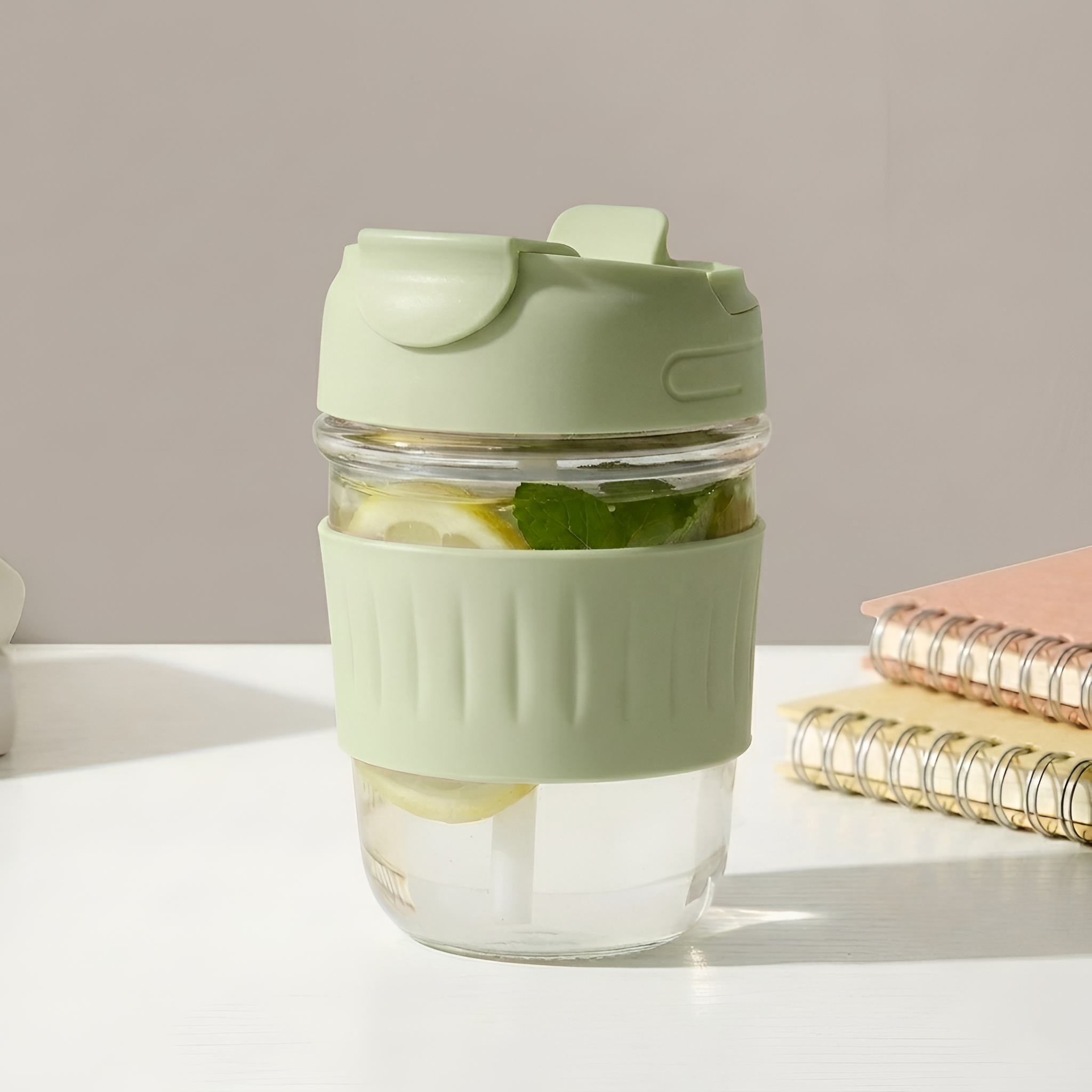 Allo Reusable Glass Mug Sipper Tumbler with Straw, Unique 2 in 1 Anti Spill Lid | Microwave Safe Leakproof Glass with Anti-Slip Grip for Hot & Cold Coffee|| Car, Office, Travel use | 350ml (Green)