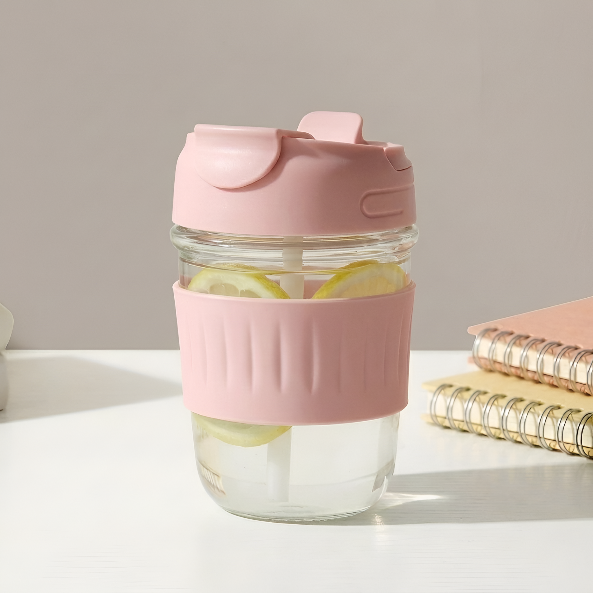 Allo Reusable Glass Mug Sipper Tumbler with Straw, Unique 2 in 1 Anti Spill Lid | Microwave Safe Leakproof Glass with Anti-Slip Grip for Hot & Cold Coffee|| Car, Office, Travel use | 350ml (Pink)