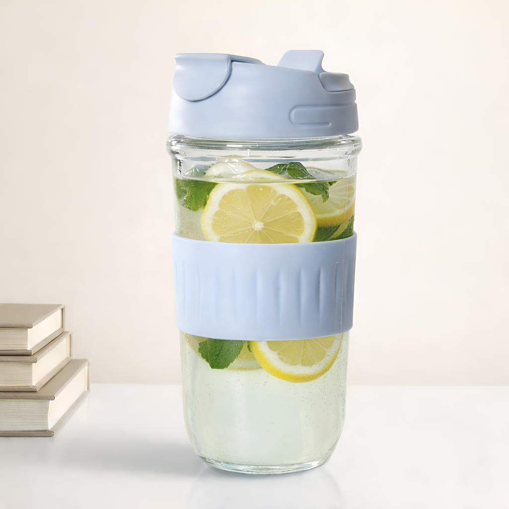 Allo Reusable Glass Mug Sipper Tumbler with Straw, Unique 2 in 1 Anti Spill Lid | Microwave Safe Leakproof Glass with Anti-Slip Grip for Hot & Cold Coffee|| Car, Office, Travel use | 500ml (Blue)