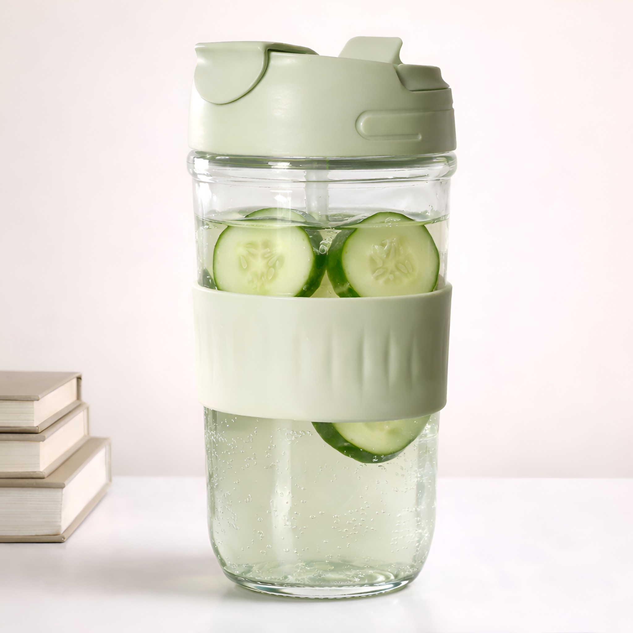 Allo Reusable Glass Mug Sipper Tumbler with Straw, Unique 2 in 1 Anti Spill Lid | Microwave Safe Leakproof Glass with Anti-Slip Grip for Hot & Cold Coffee|| Car, Office, Travel use | 500ml (Green)