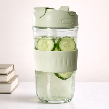 Allo Reusable Glass Mug Sipper Tumbler with Straw, Unique 2 in 1 Anti Spill Lid | Microwave Safe Leakproof Glass with Anti-Slip Grip for Hot & Cold Coffee|| Car, Office, Travel use | 500ml (Green)