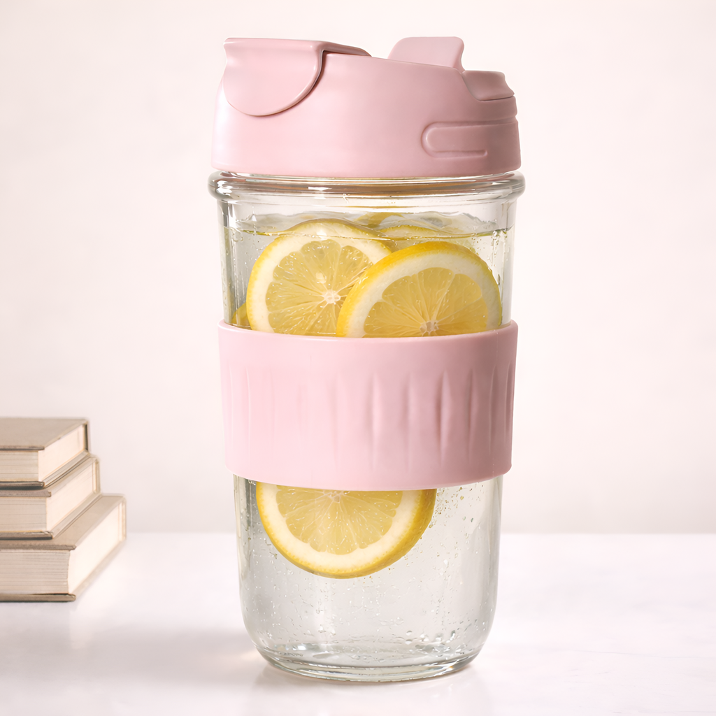 Allo Reusable Glass Mug Sipper Tumbler with Straw, Unique 2 in 1 Anti Spill Lid | Microwave Safe Leakproof Glass with Anti-Slip Grip for Hot & Cold Coffee|| Car, Office, Travel use | 500ml (Pink)