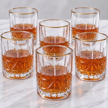 Allo Glass Set Of 6 Premium Whisky Glasses, 205 ml, For Drinking Water, Wine, Cocktail, Mocktail, Martini, Liquor, Alcohol, Scotch, Bourbon | Gift Set Packaging | Golden Rim Floral Cut Whiskey Glass