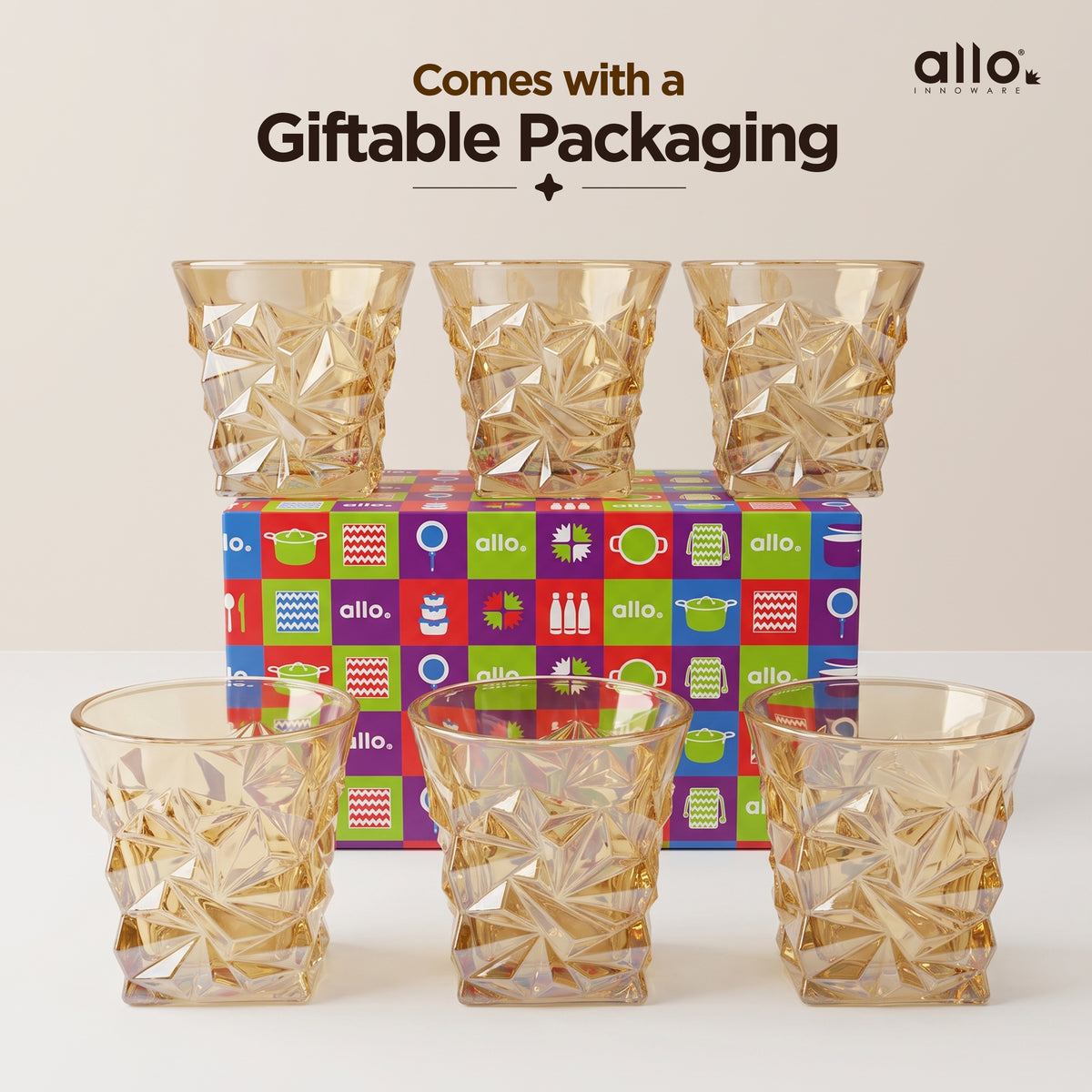 Allo Glass Set Of 6 Premium Whisky Glasses, 270 ml, For Drinking Water, Wine, Cocktail, Mocktail, Martini, Liquor, Alcohol, Scotch, Bourbon | Gift Set Packaging | Golden Star Cut Whiskey Glass