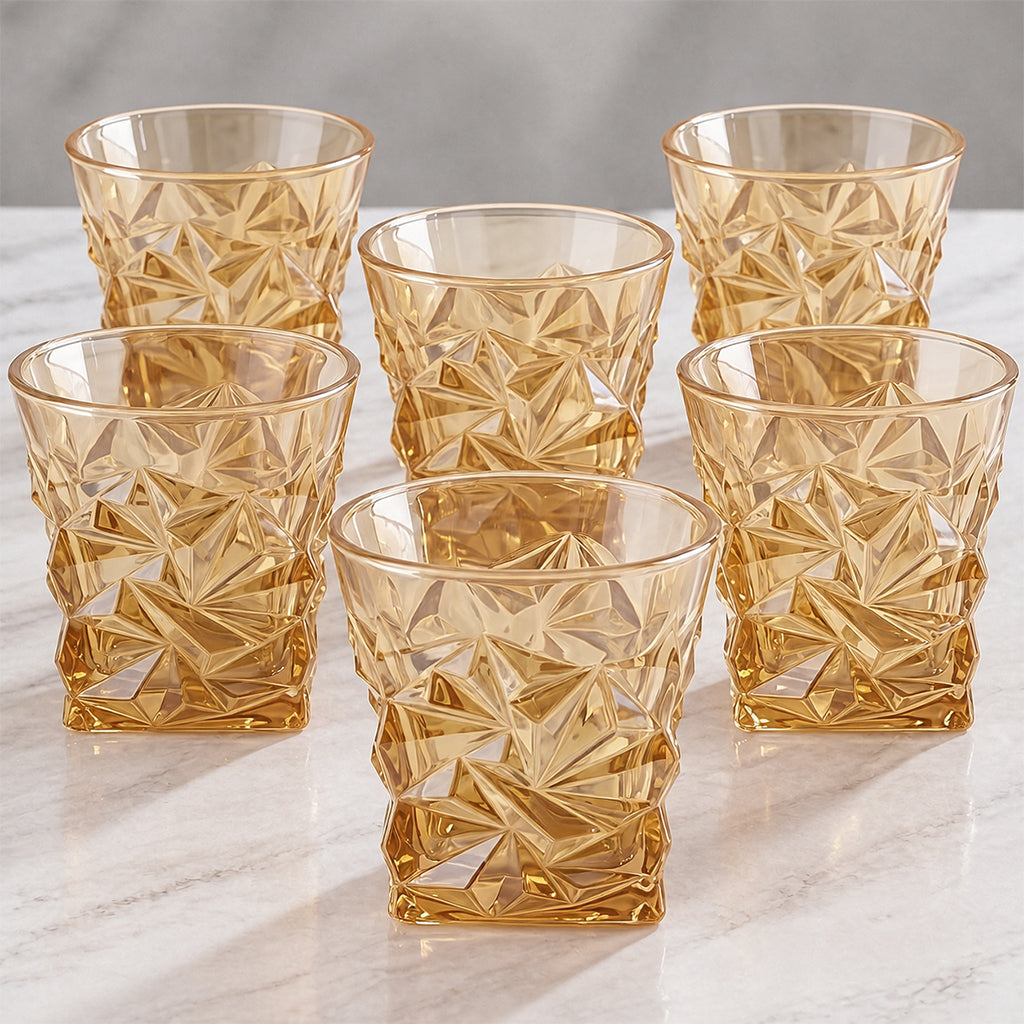 Allo Glass Set Of 6 Premium Whisky Glasses, 270 ml, For Drinking Water, Wine, Cocktail, Mocktail, Martini, Liquor, Alcohol, Scotch, Bourbon | Gift Set Packaging | Golden Star Cut Whiskey Glass