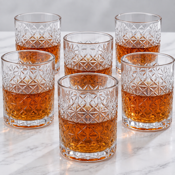 Allo Glass Set Of 6 Premium Whisky Glasses, 330 ml, For Drinking Water, Wine, Cocktail, Mocktail, Martini, Liquor, Alcohol, Scotch, Bourbon | Gift Set Packaging | Transparent Criss Cross Diamond Glass