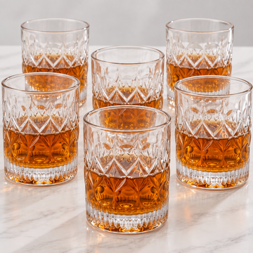 Allo Glass Set Of 6 Premium Whisky Glasses, 300 ml, For Drinking Water, Wine, Cocktail, Mocktail, Martini, Liquor, Alcohol, Scotch, Bourbon | Gift Set Packaging | Transparent Crown Cut Whiskey Glass