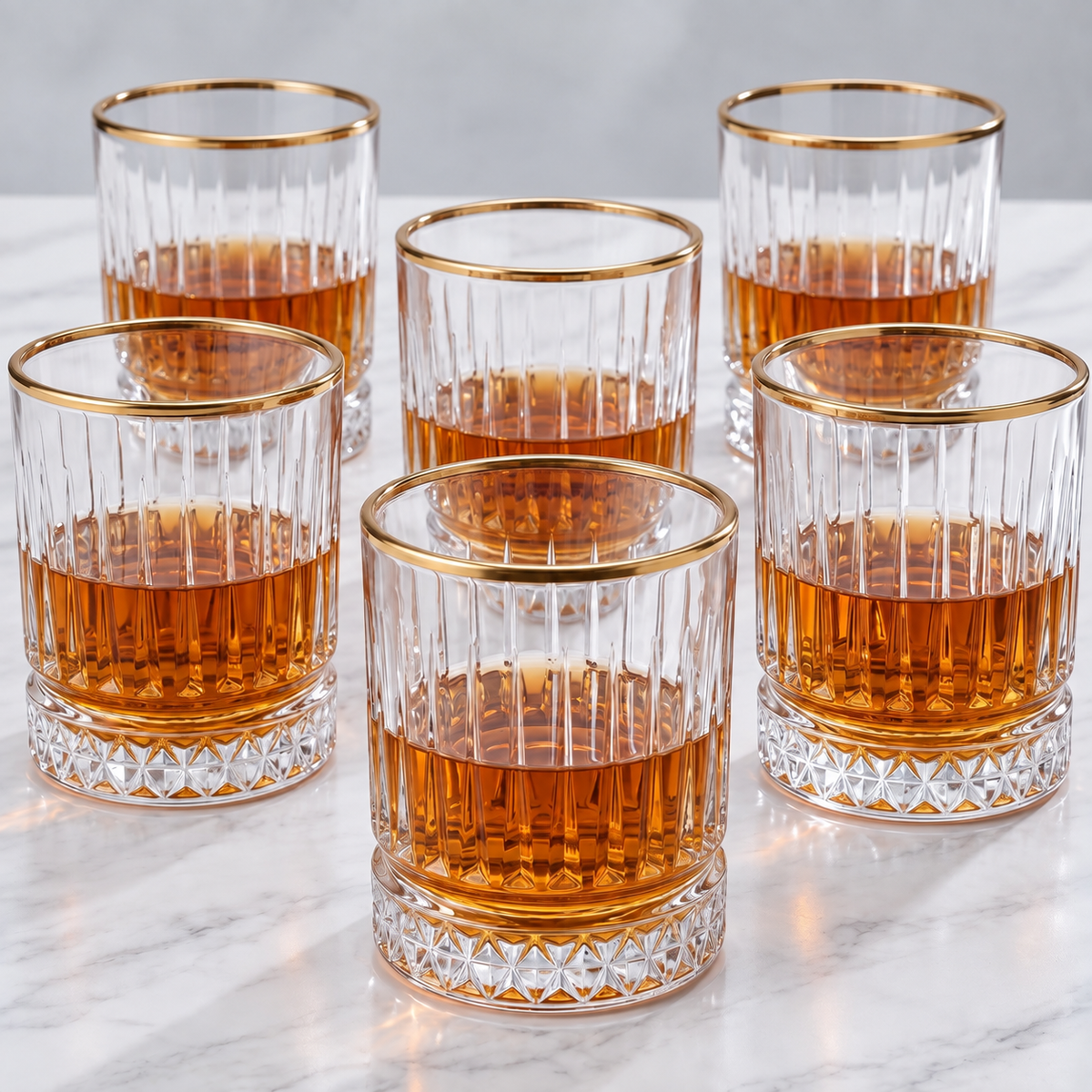 Allo Glass Set Of 6 Premium Whisky Glasses, 350 ml, For Drinking Water, Wine, Cocktail, Mocktail, Martini, Liquor, Alcohol, Scotch, Bourbon | Gift Set Packaging | Transparent | Golden Rim Fluted Glass