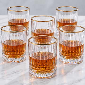 Allo Glass Set Of 6 Premium Whisky Glasses, 350 ml, For Drinking Water, Wine, Cocktail, Mocktail, Martini, Liquor, Alcohol, Scotch, Bourbon | Gift Set Packaging | Transparent | Golden Rim Fluted Glass