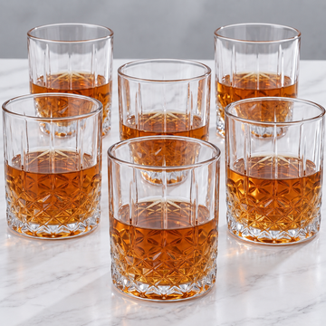 Allo Glass Set Of 6 Premium Whisky Glasses, 330 ml, For Drinking Water, Wine, Cocktail, Mocktail, Martini, Liquor, Alcohol, Scotch, Bourbon | Gift Set Packaging | Transparent Fluted Diamond Base Glass