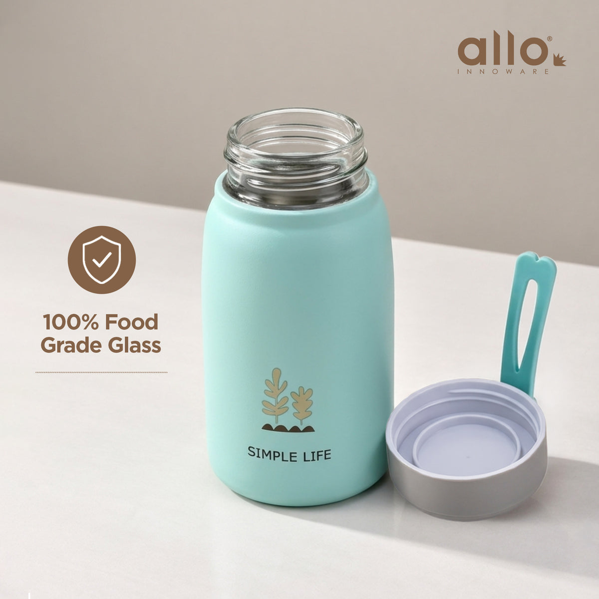 Allo DrinkSafe Glass Bottle For Women & Men | For Drinking Detox Water, Juice, Milk, Soda | Leakproof Secure Lid | For Fridge, Storage, Home | 350 ML | Any 1 Bottle