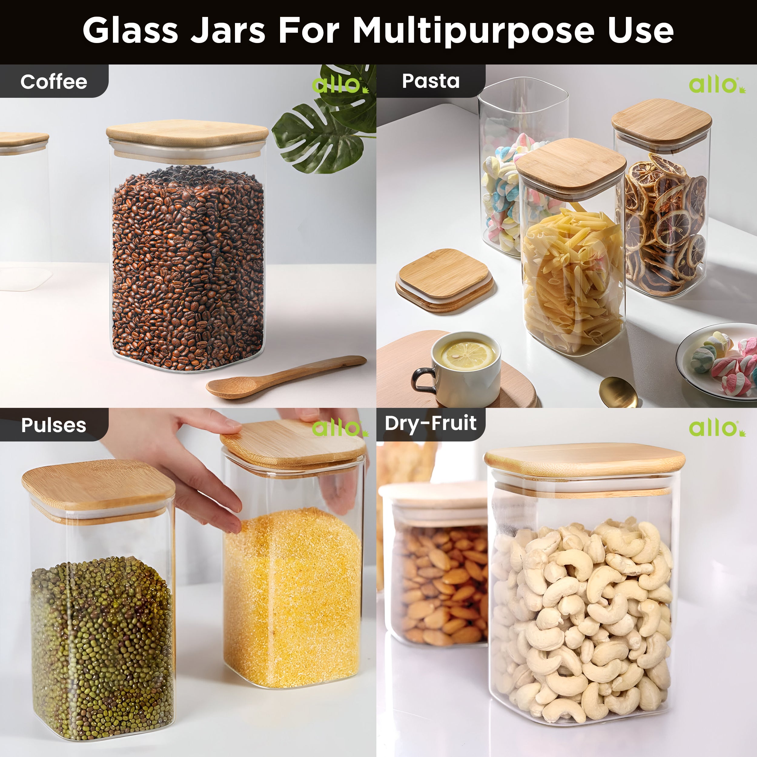 Allo 220ML Kitchen Storage Box Glass Jars With Wooden Lids - Borosilicate Glass Food Storage Containers Airtight Glass Jar For Tea, Coffee, Spice, Pulses, Masala (Square Glass Jar - Set of 6)