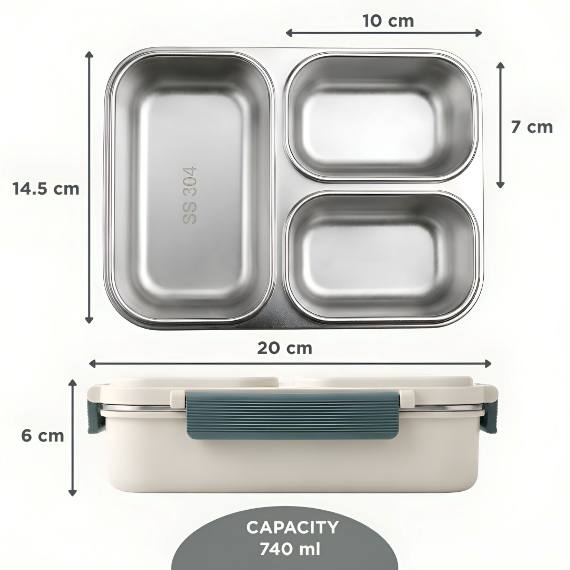 Allo Bento Stainless Steel Lunch Box for Kids- BIS Approved, 304 Stainless Steel 3 Compartment Leakproof Tiffin Box for Boys and Girls for School, Travelling, Baby Snacks, 740ml Green Panda