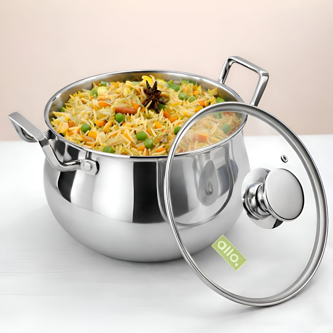 Allo Triply Stainless Steel Casserole/Biryani Handi Pot | Perfect Saucepot Saute Induction Friendly Naturally Non-Stick | 10 Years Warranty, 16cm, 2.6 litres with Glass Lid