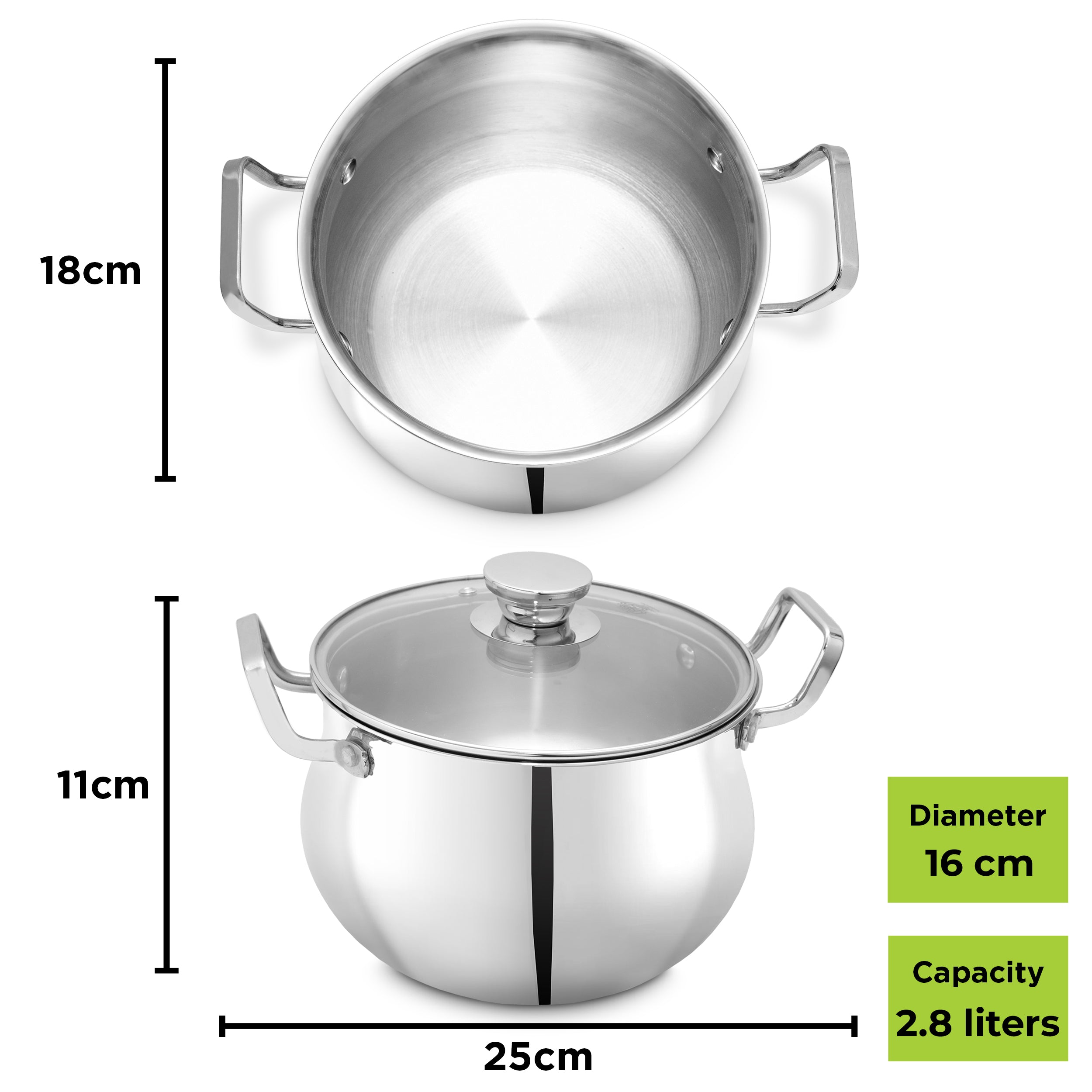 Allo Triply Stainless Steel Casserole/Biryani Handi Pot | Perfect Saucepot Saute Induction Friendly Naturally Non-Stick | 10 Years Warranty, 16cm, 2.6 litres with Glass Lid