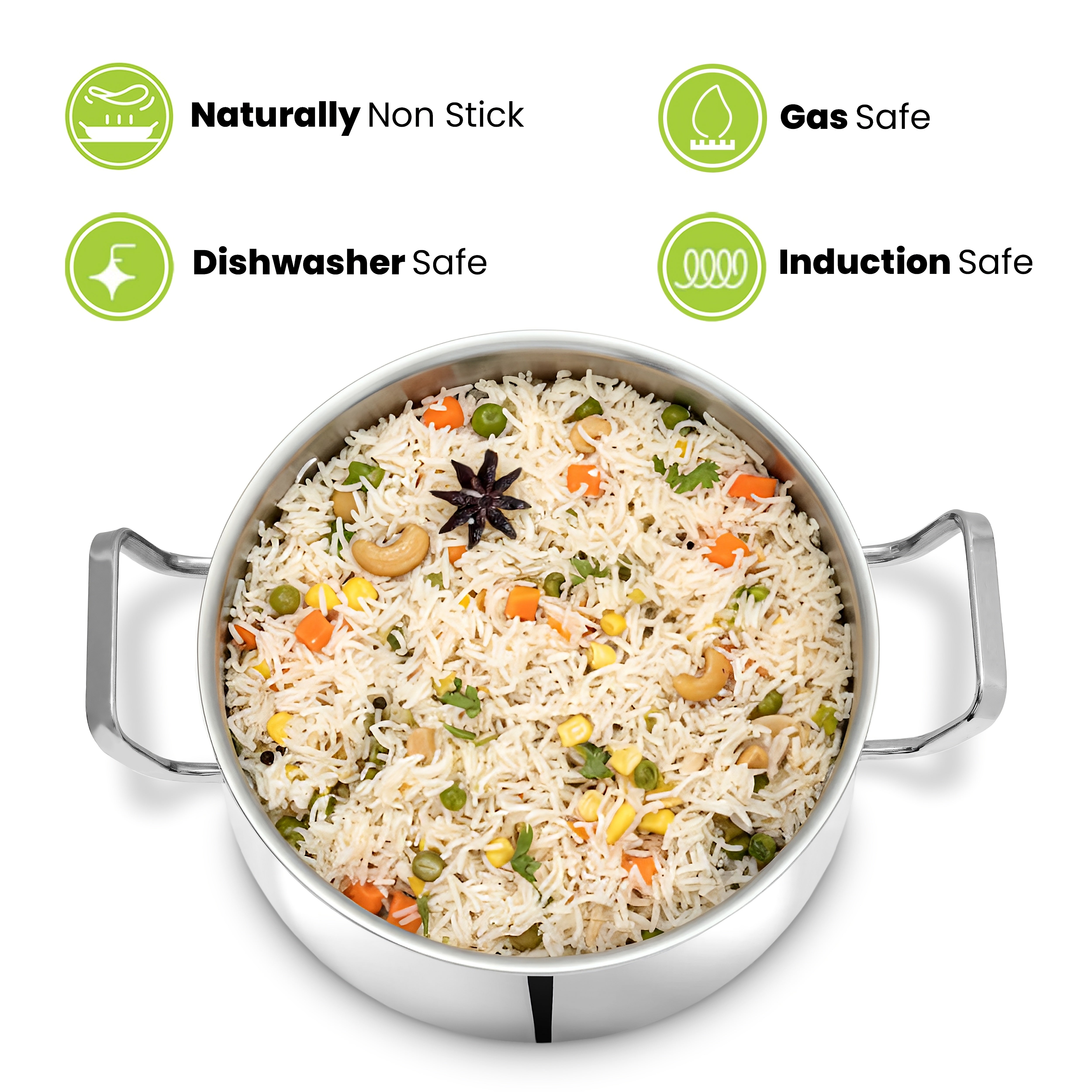 Allo Triply Stainless Steel Casserole/Biryani Handi Pot | Perfect Saucepot Saute Induction Friendly Naturally Non-Stick | 10 Years Warranty, 16cm, 2.6 litres with Glass Lid