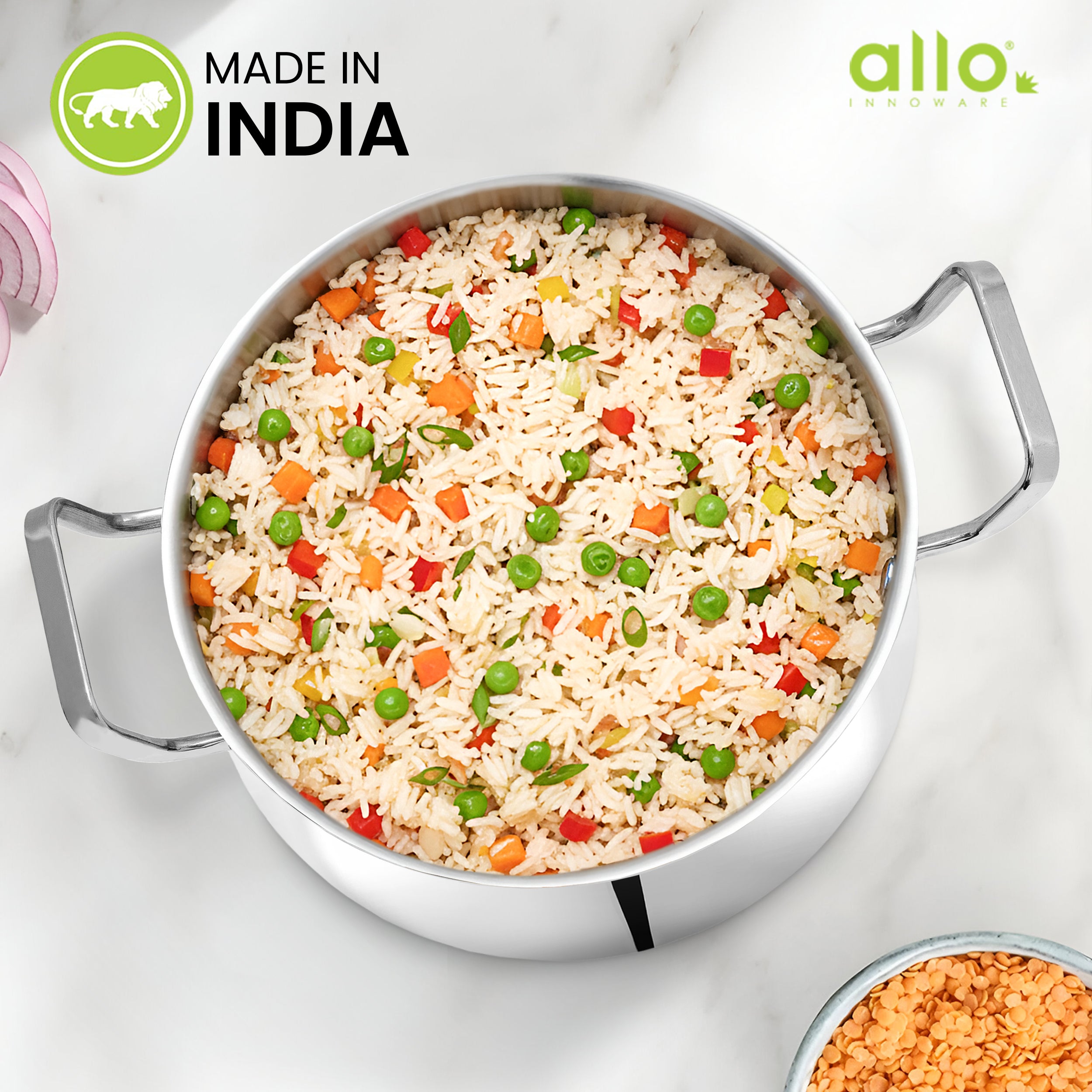 Allo Triply Stainless Steel Casserole/Biryani Handi Pot | Perfect Saucepot Saute Induction Friendly Naturally Non-Stick | 10 Years Warranty, 16cm, 2.6 litres with Glass Lid