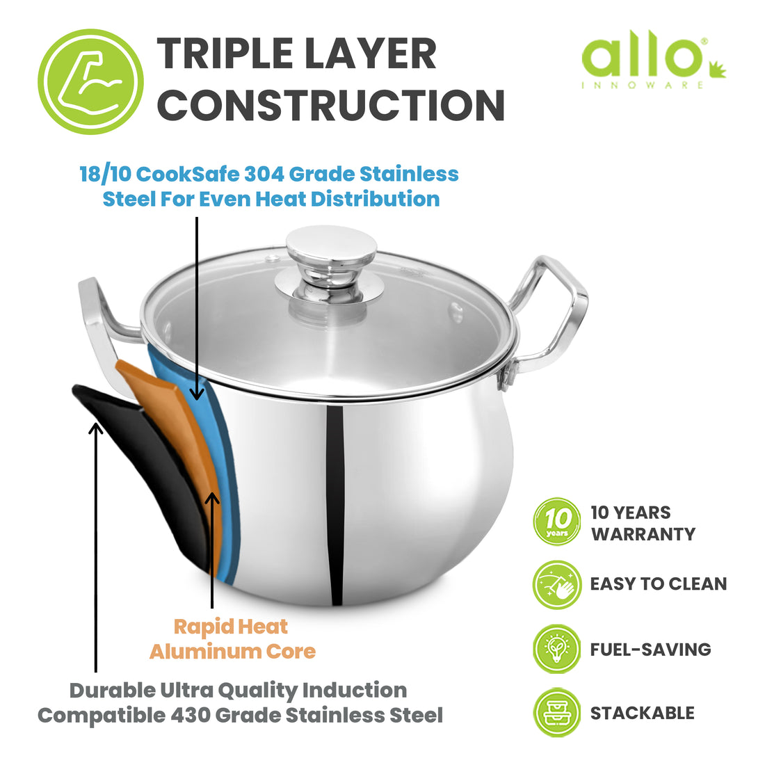 Allo Triply Stainless Steel Casserole/Biryani Handi Pot | Perfect Saucepot Saute Induction Friendly Naturally Non-Stick | 10 Years Warranty, 16cm, 2.6 litres with Glass Lid