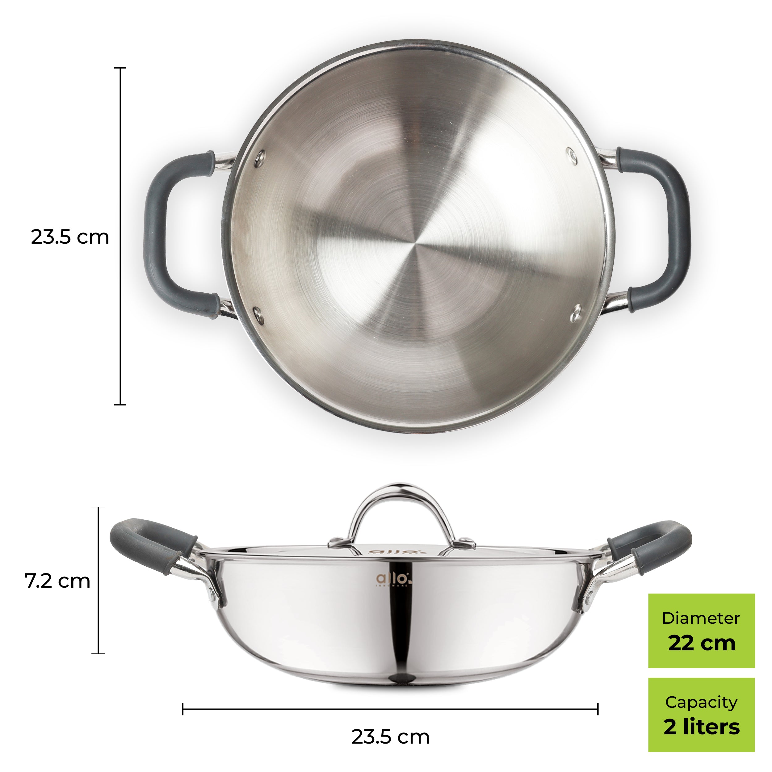 2L Allo CookSafe TriPly Kadhai | Stainless Steel | With Stainless Steel Lid | Induction Friendly | Naturally Non-stick | 22cm